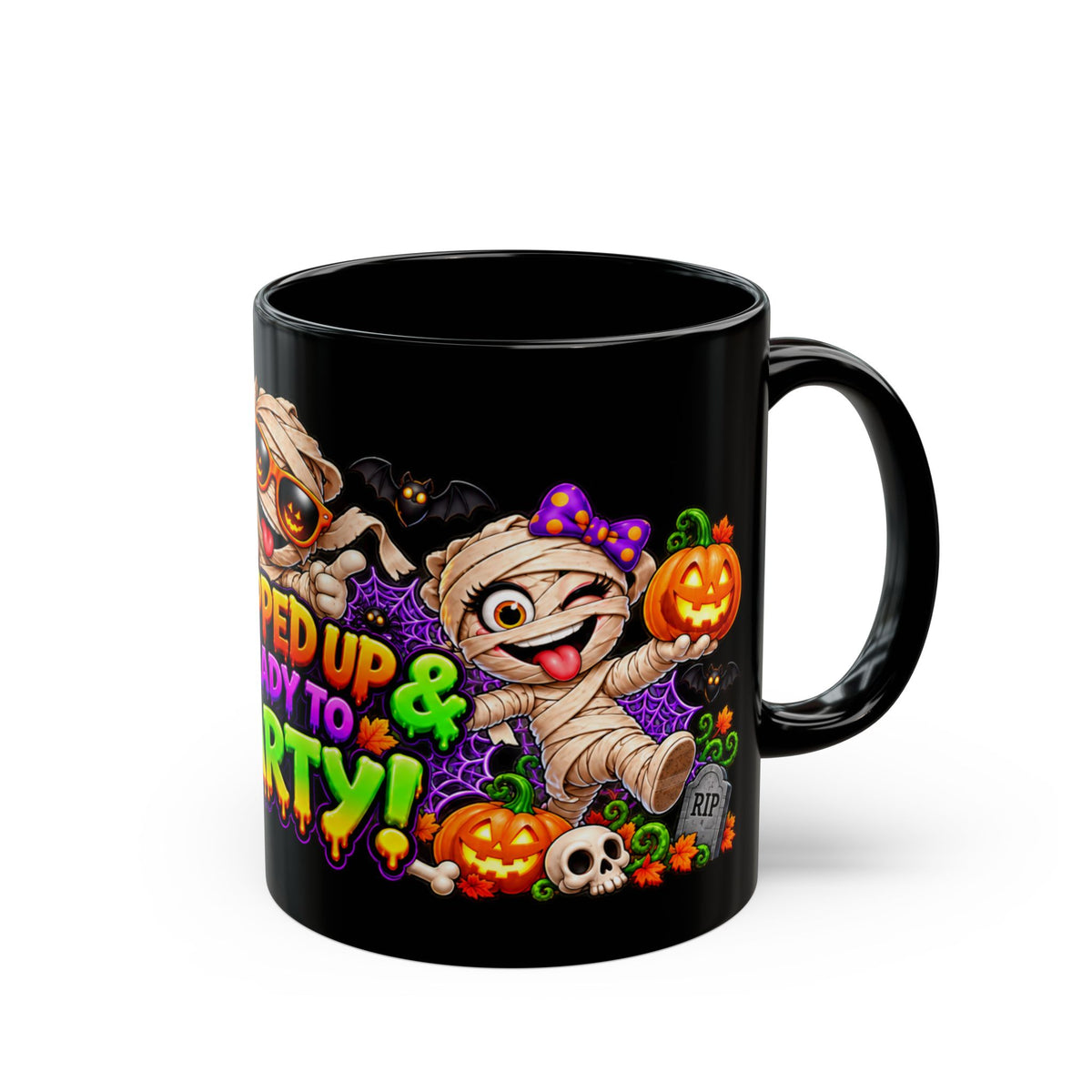Wrapped Up & Ready to Party Black Mug – Funny Mummies & Halloween Design