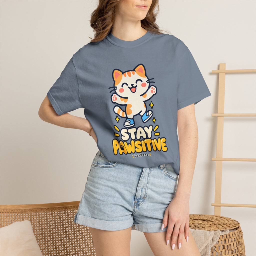 Stay Pawsitive – Cute Happy Cat Graphic T-Shirt