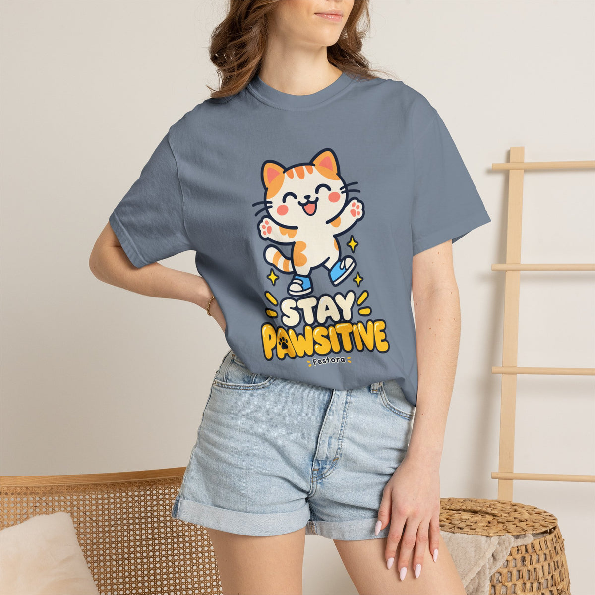Stay Pawsitive – Cute Happy Cat Graphic T-Shirt