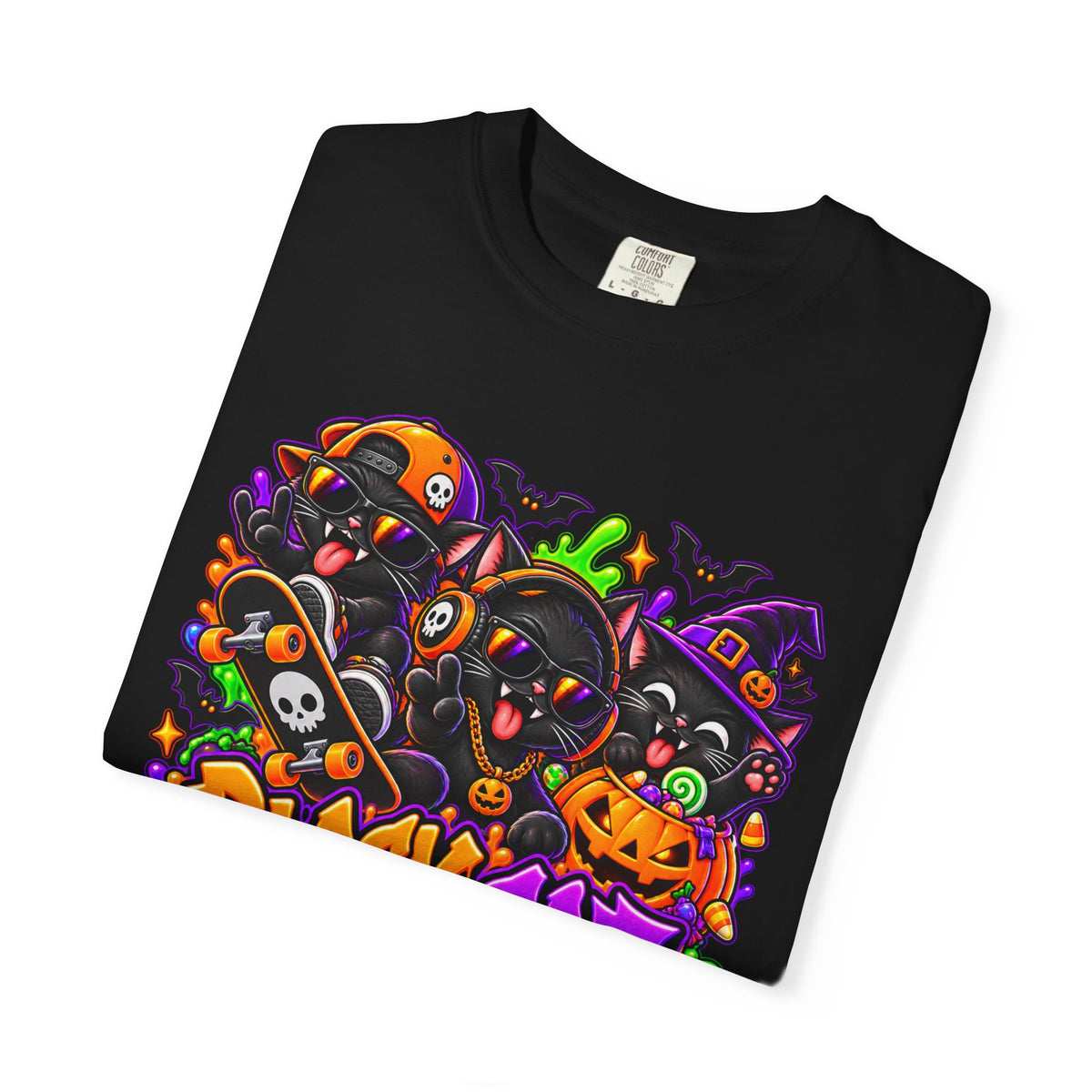 Neon Black Cat Halloween Chaos T-Shirt | Cute Spooky Cat Graphic Tee