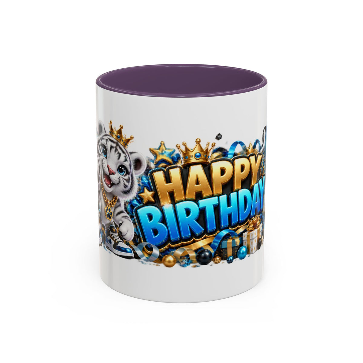Happy Birthday White Tiger Mug – Colorful 3D Birthday Gift – White Coffee Mug