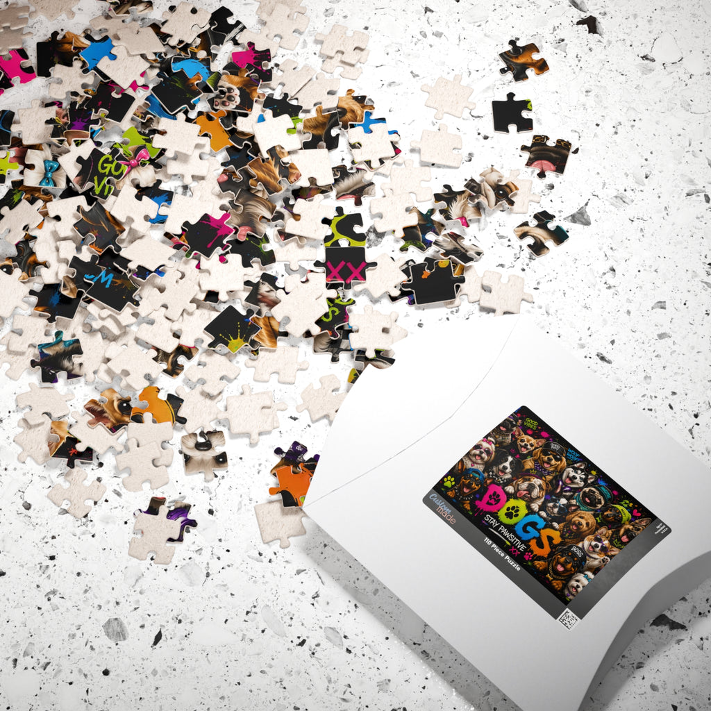 Dog Collage Puzzle — “Dogs Stay Pawsitive” Colorful 110/252-Piece Jigsaw