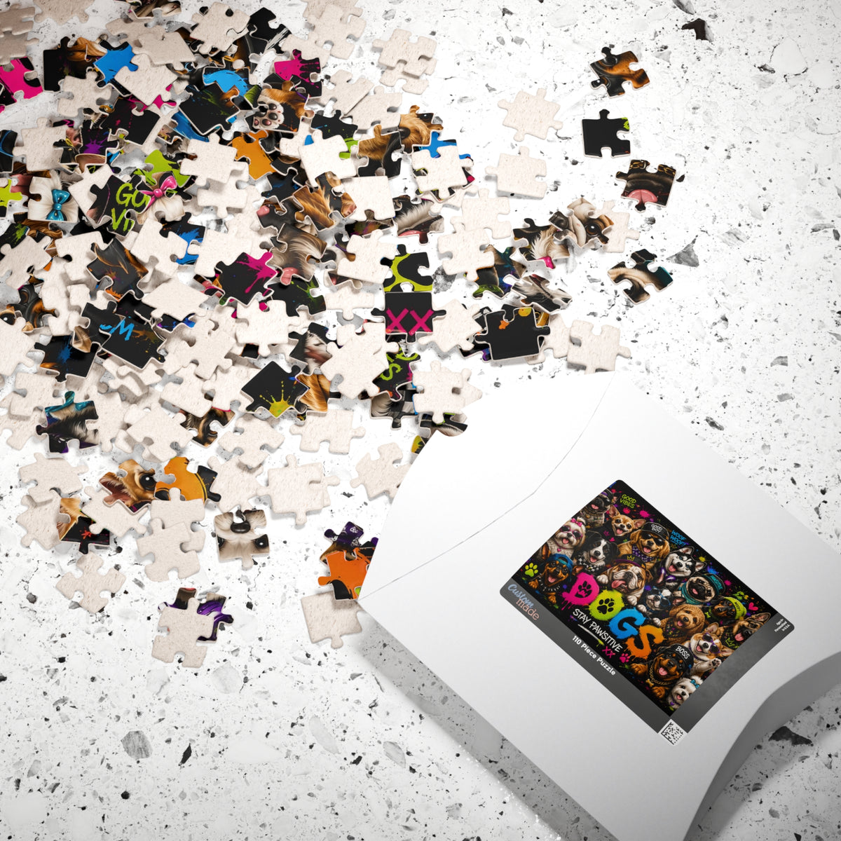 Dog Collage Puzzle — “Dogs Stay Pawsitive” Colorful 110/252-Piece Jigsaw