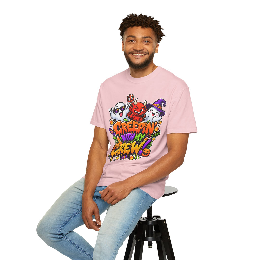 Creepin’ With My Crew Halloween T-Shirt – Colorful Funny Ghost & Devil Graphic Tee