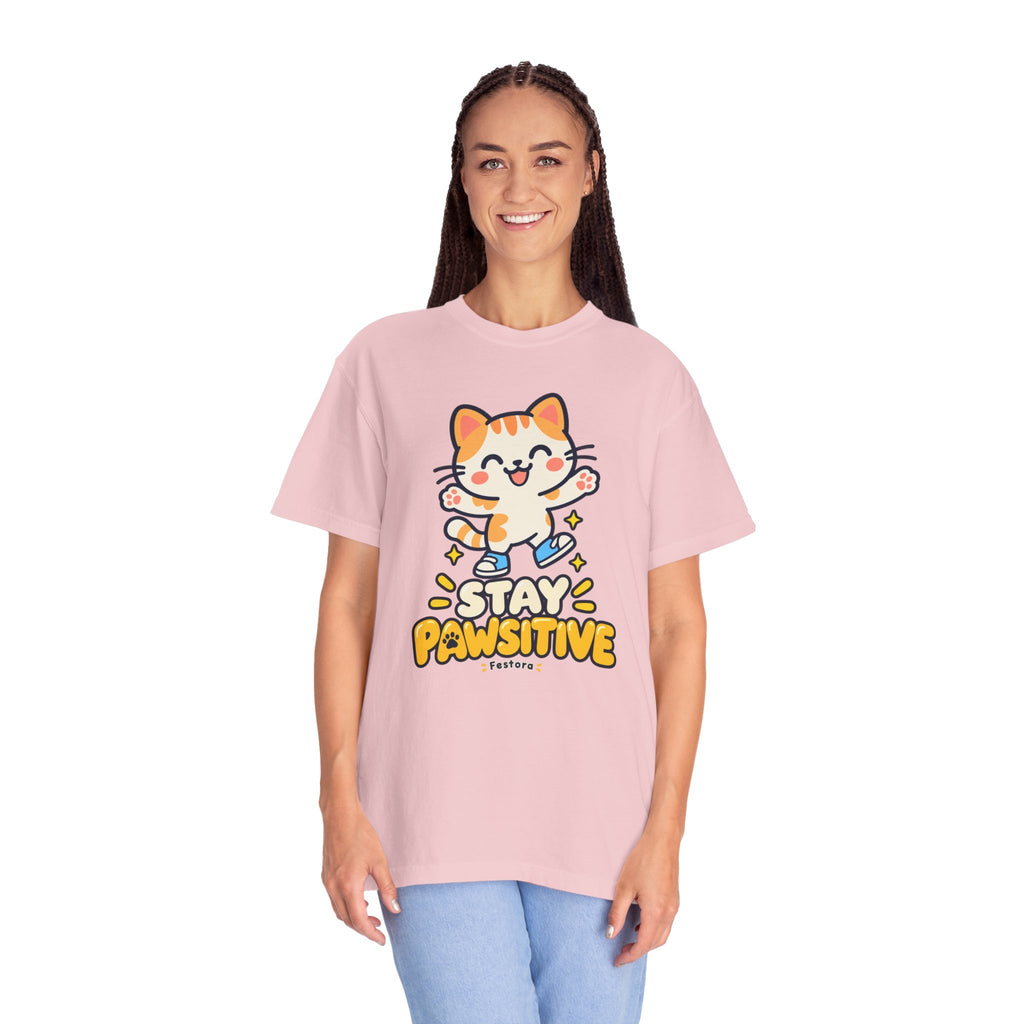 Stay Pawsitive – Cute Happy Cat Graphic T-Shirt