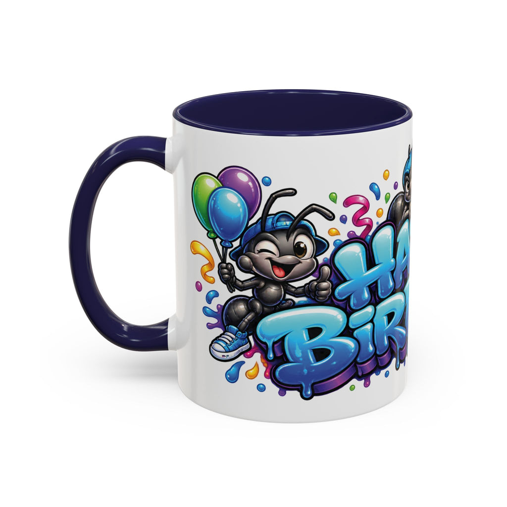 Happy Birthday Cartoon Mug – Graffiti Ants, Birthday Cake, Balloons & Confetti Coffee Cup