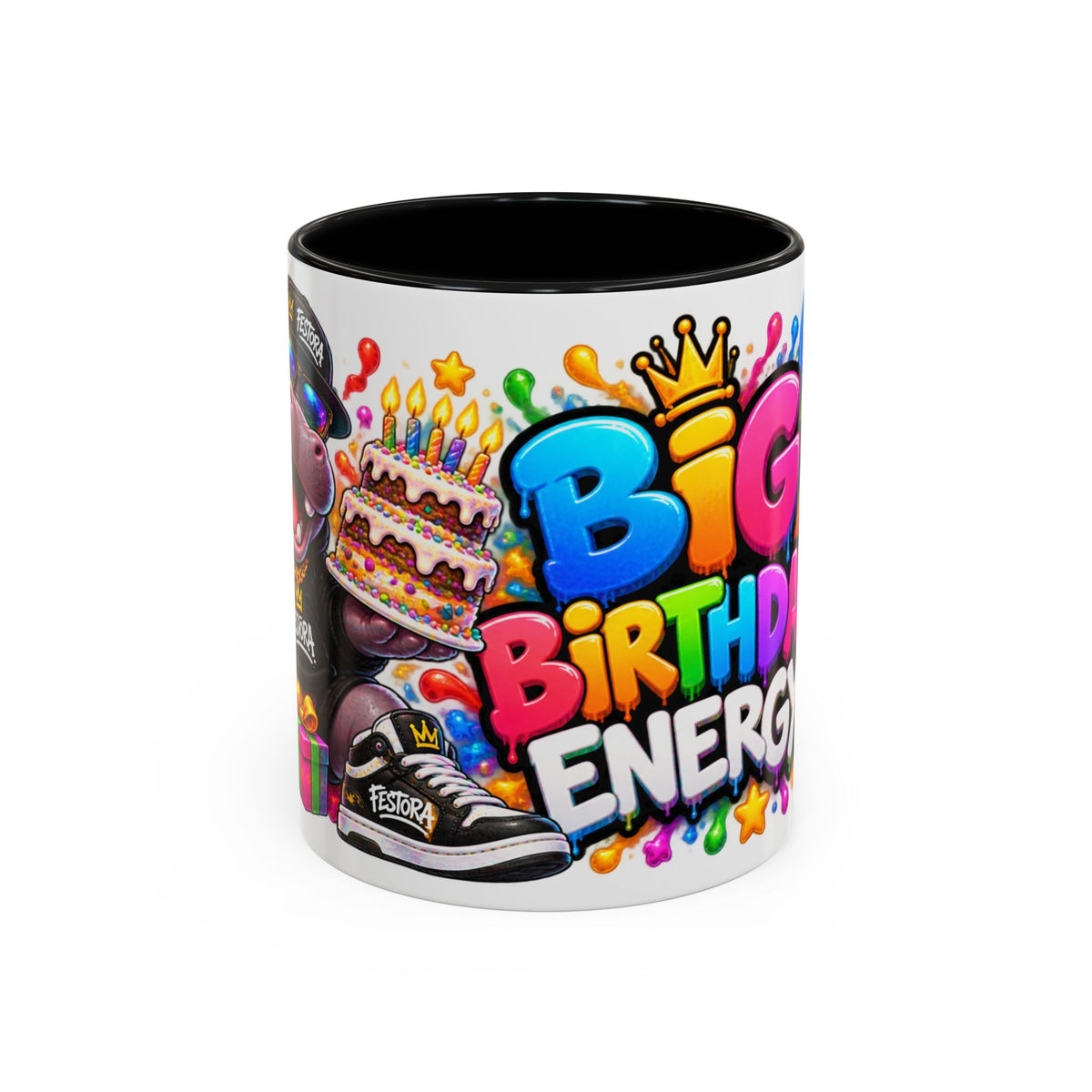 BIG BIRTHDAY ENERGY! White Ceramic Mug – Funny Hippo Birthday Coffee Cup – Colorful Party Gift – Original FestoraShop Design