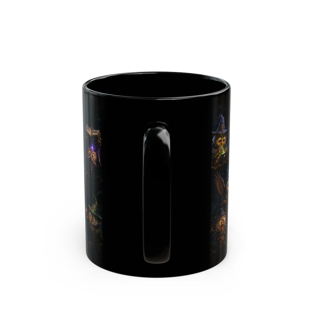 Halloween Magic Owl Night Mug — Cute Wizard Owls under Full Moon (Black 11oz/15oz)