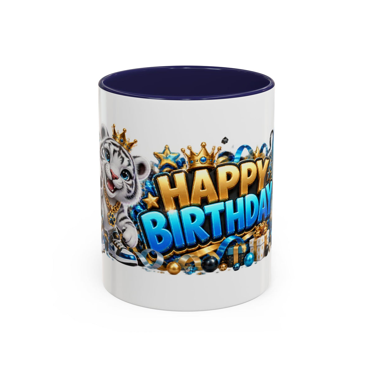Happy Birthday White Tiger Mug – Colorful 3D Birthday Gift – White Coffee Mug