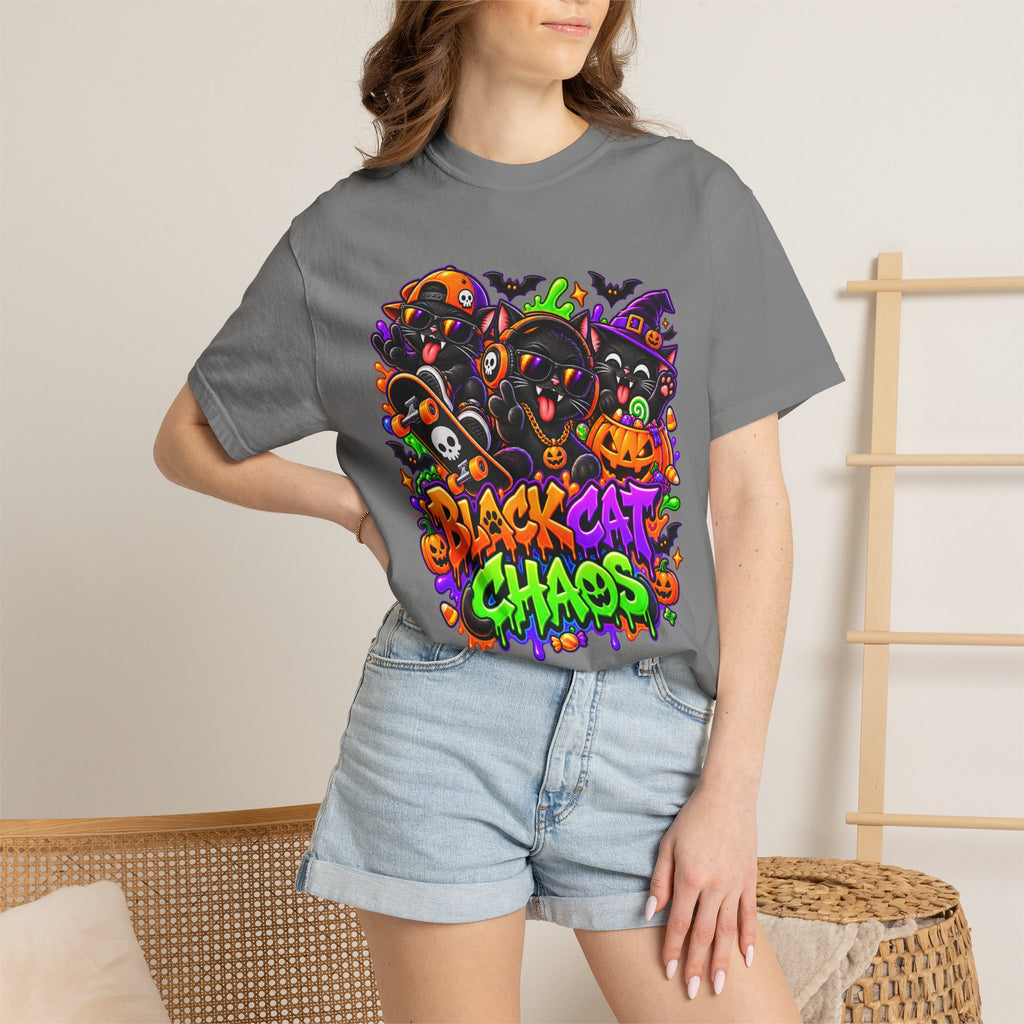 Neon Black Cat Halloween Chaos T-Shirt | Cute Spooky Cat Graphic Tee