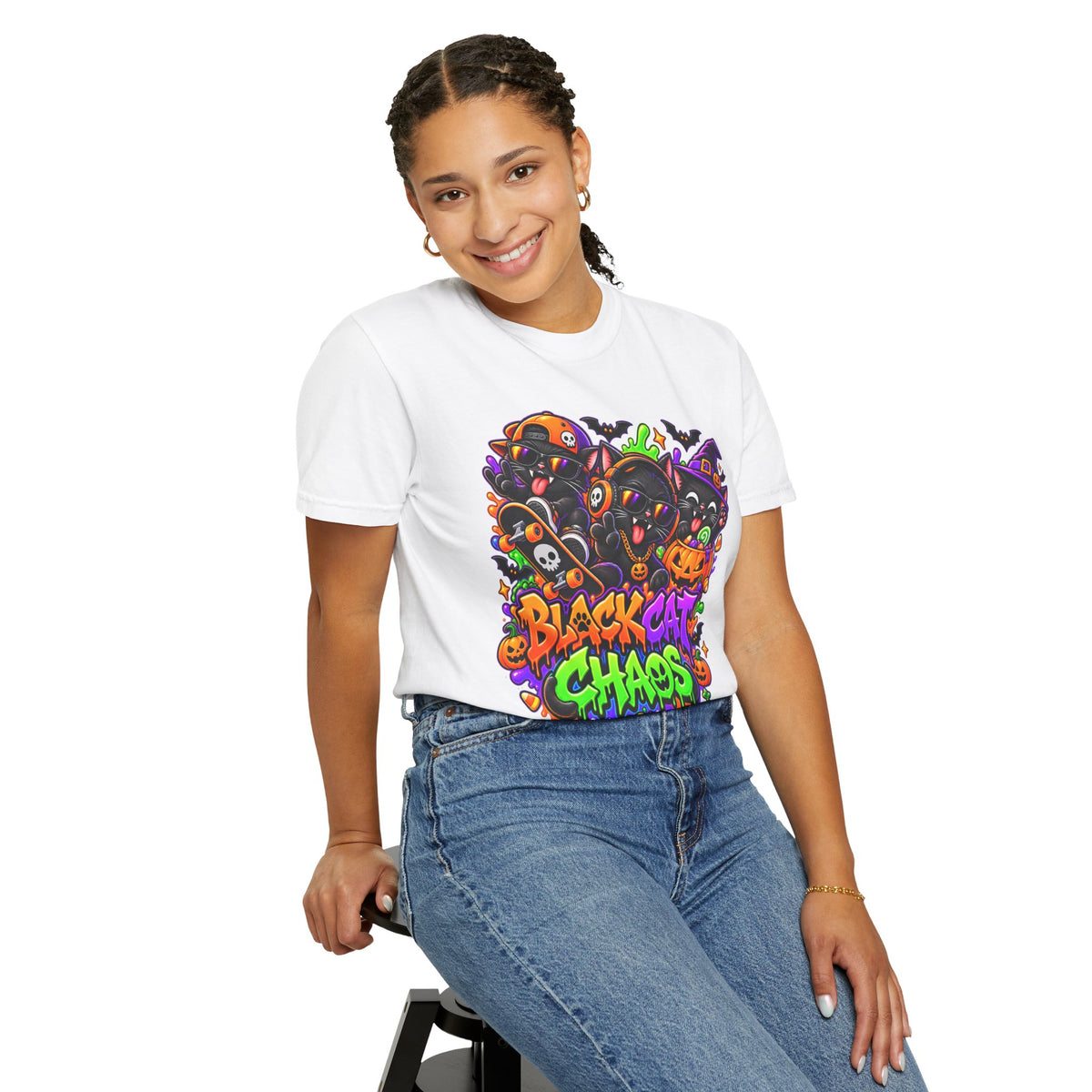 Neon Black Cat Halloween Chaos T-Shirt | Cute Spooky Cat Graphic Tee