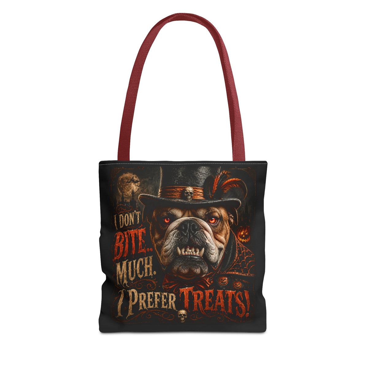 Halloween Bulldog Tote Bag — "I Don't Bite Much, I Prefer Treats" Candy‑Lovers Reusable Bag