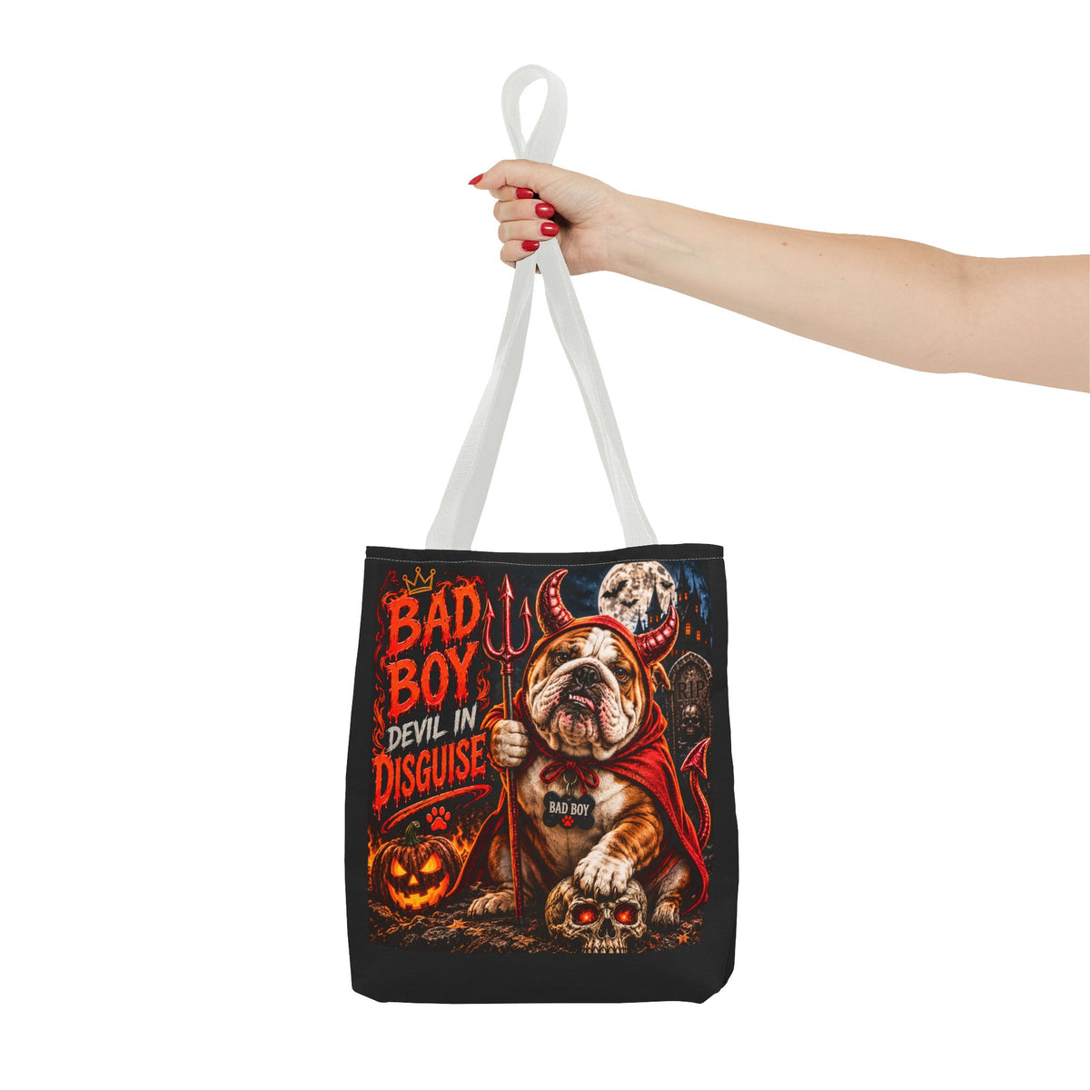 Halloween Bulldog Tote Bag – "Bad Boy Devil in Disguise" Gothic Pumpkin Skull Design
