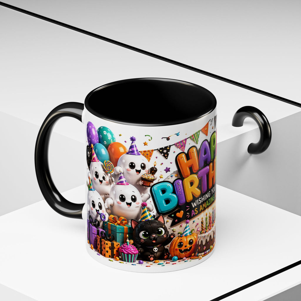 Happy Birthday Accent Coffee Mug — Colorful 3D Birthday Party Design (11/15oz)