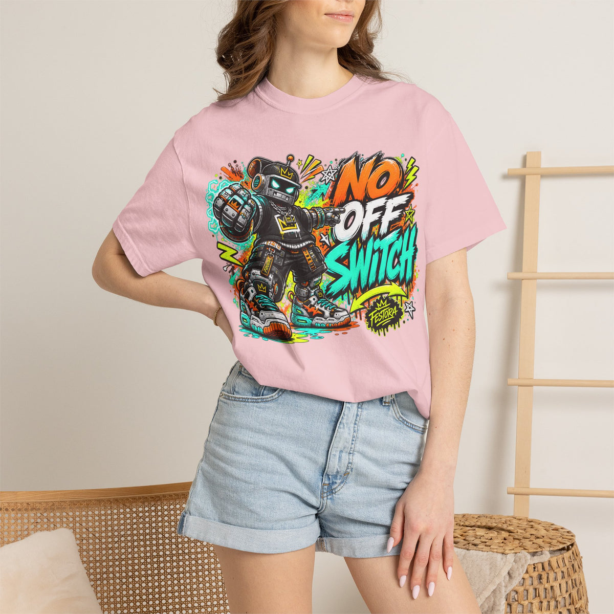No Off Switch Robot Graphic T-Shirt — Bold Retro Streetwear Design