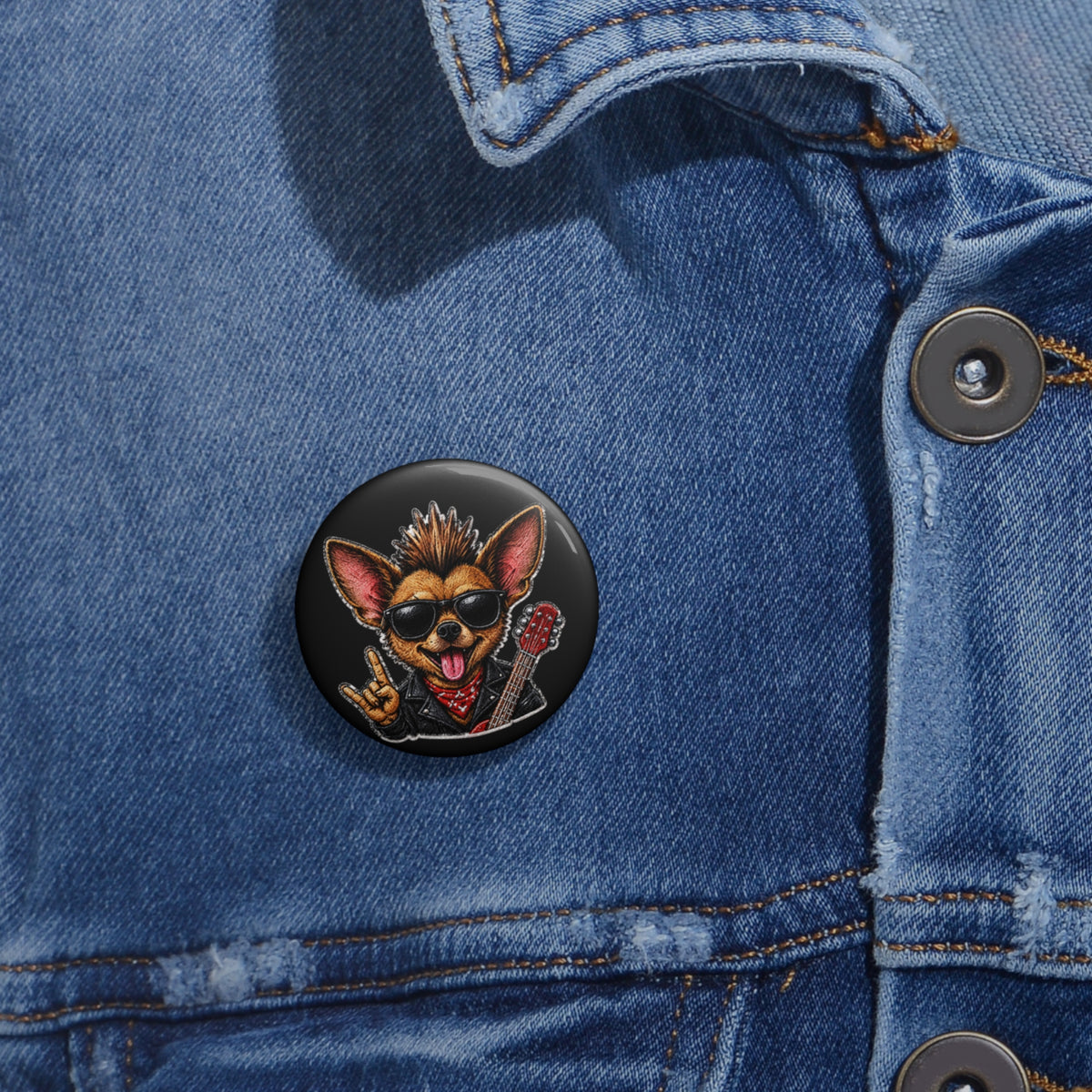 Rocco Rock ‘n’ Roll Chihuahua Pin Button — Punk Dog Guitar Badge