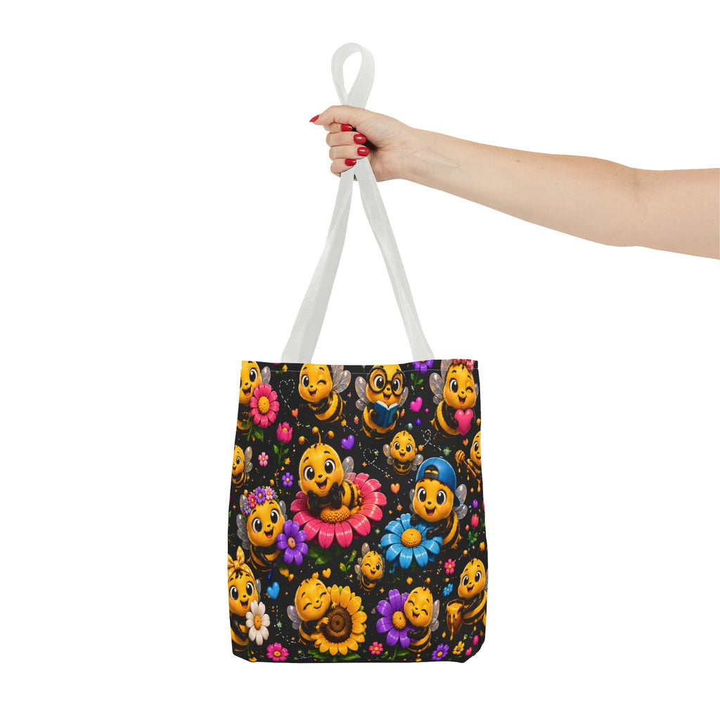 Cute Bee Pattern Tote Bag — Colorful Floral Cartoon Bees All-Over Print