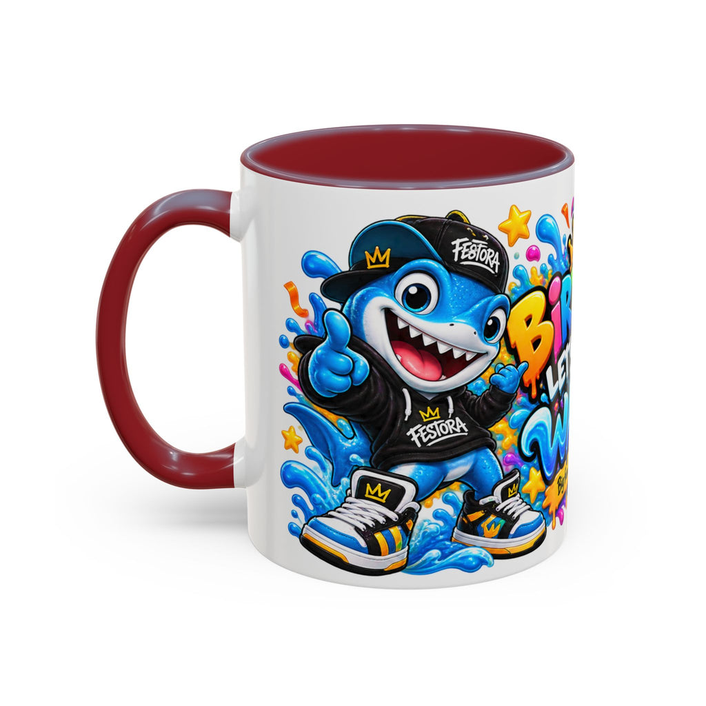 BIRTHDAY? LET’S MAKE WAVES! White Ceramic Mug – Funny Shark Birthday Coffee Cup – Original FestoraShop Design