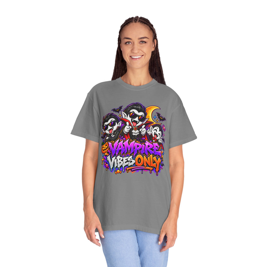 Neon Vampire Vibes Halloween Unisex Garment-Dyed T-Shirt Featuring a Cool Festora Vampire Crew