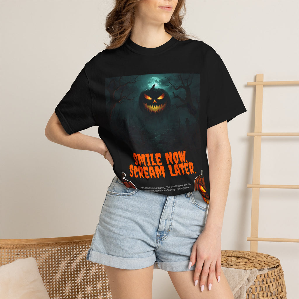 Halloween Pumpkin Tee — "Smile Now, Scream Later" Horror Graphic T-Shirt