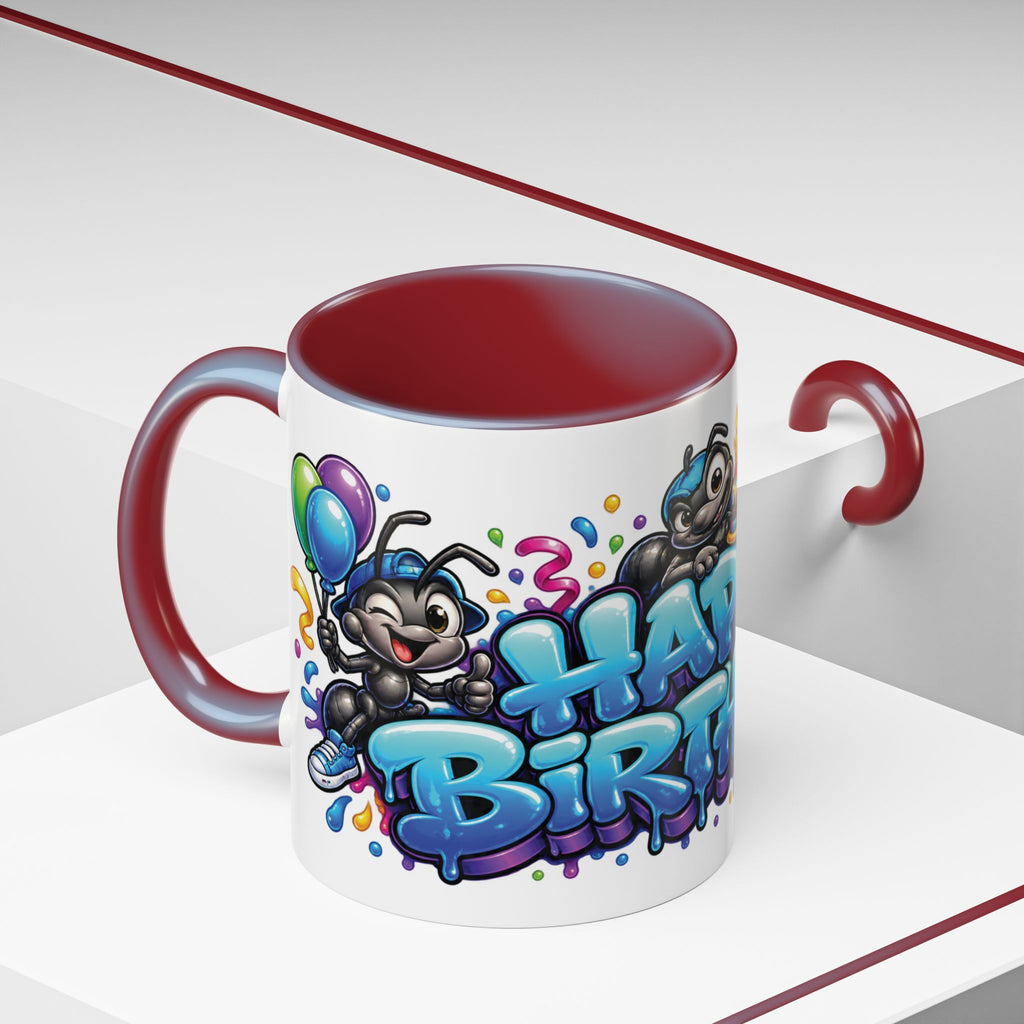Happy Birthday Cartoon Mug – Graffiti Ants, Birthday Cake, Balloons & Confetti Coffee Cup