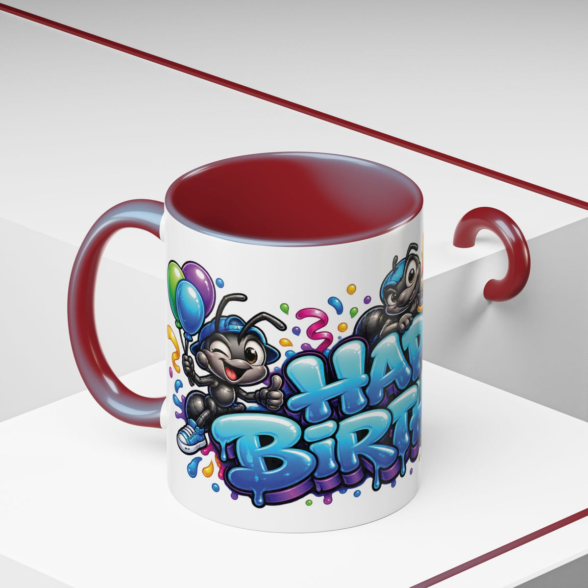 Happy Birthday Cartoon Mug – Graffiti Ants, Birthday Cake, Balloons & Confetti Coffee Cup