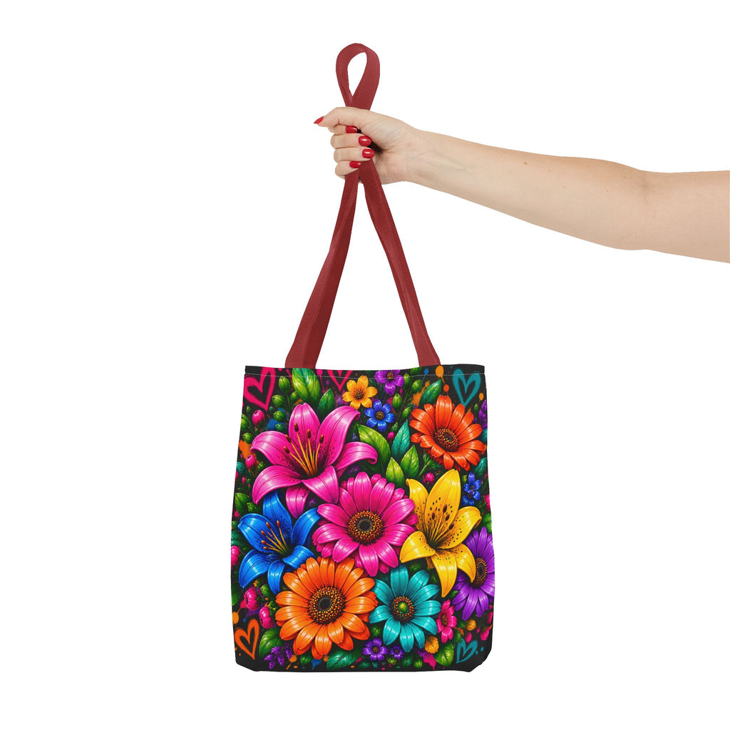 Festora Floral Burst Tote Bag — Colorful Flowers on Black