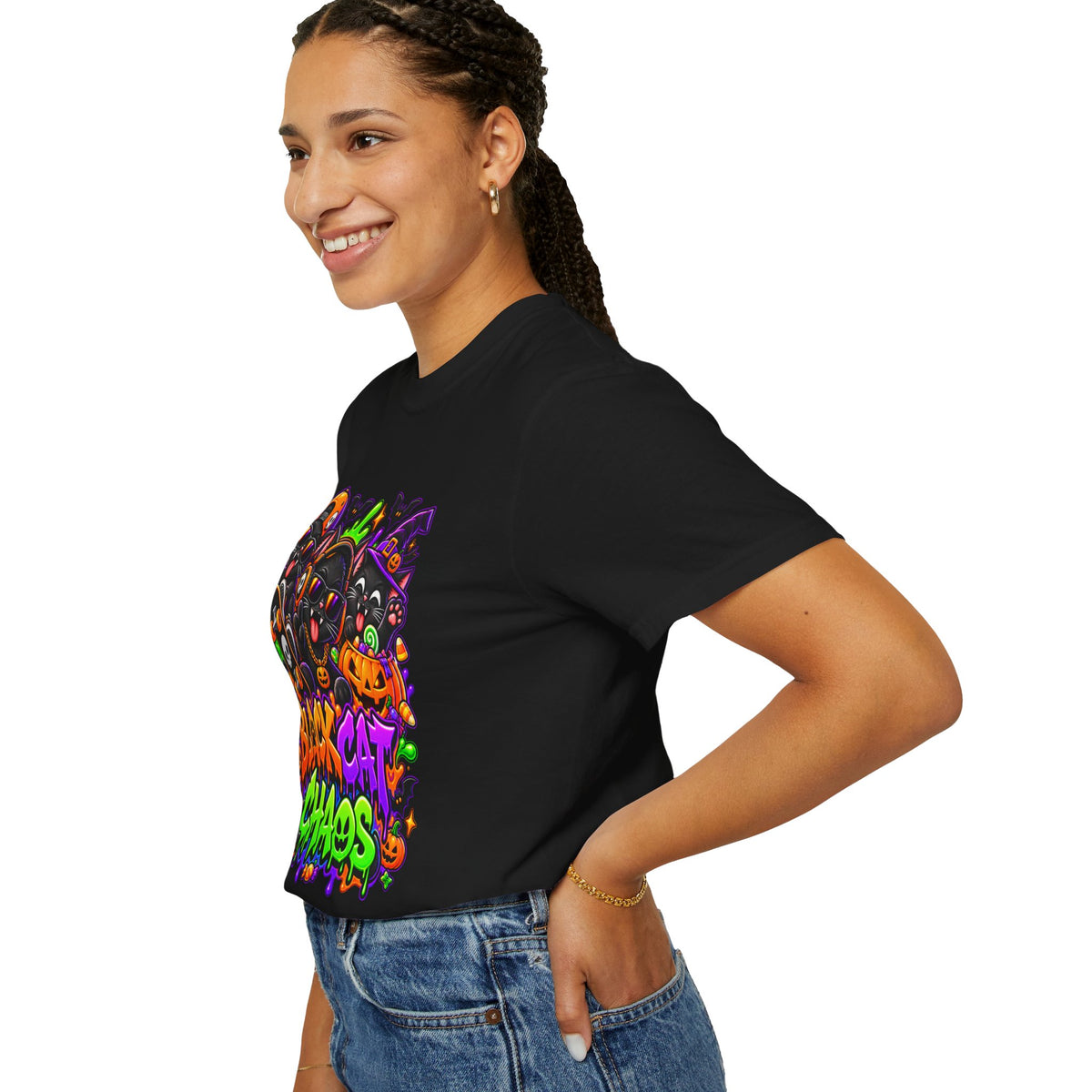 Neon Black Cat Halloween Chaos T-Shirt | Cute Spooky Cat Graphic Tee
