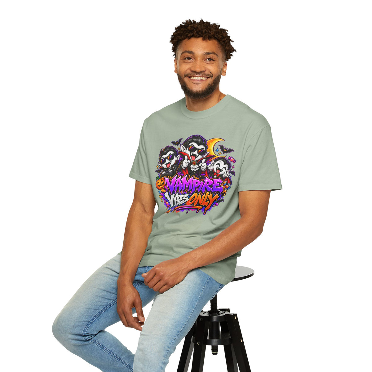 Neon Vampire Vibes Halloween Unisex Garment-Dyed T-Shirt Featuring a Cool Festora Vampire Crew