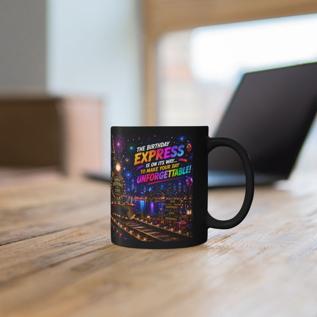 Birthday Express Black Mug – Colorful Train Party Coffee Cup (11oz)
