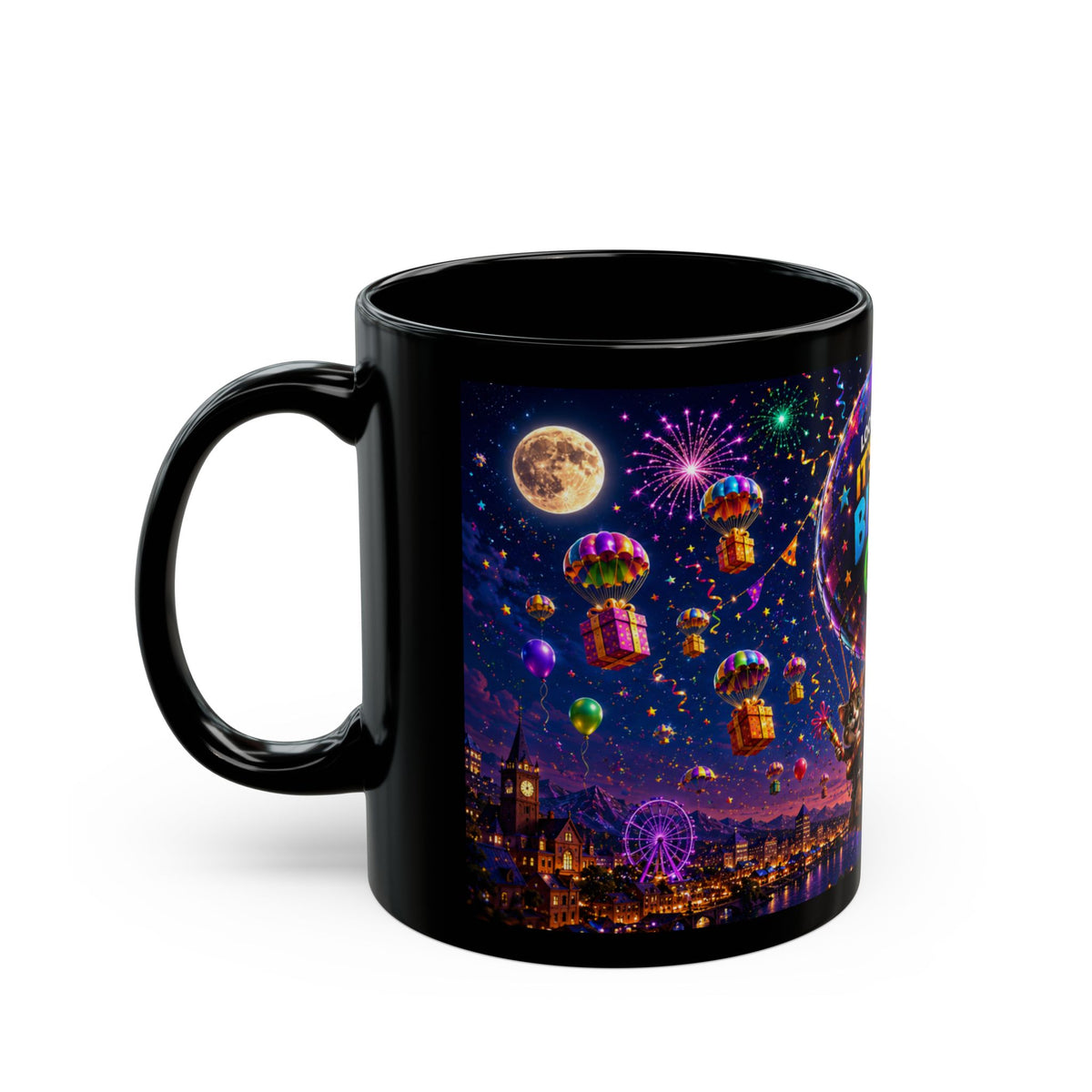 Birthday Gifts Hot Air Balloon Black Mug – "It's Raining Birthday Gifts" (11oz)