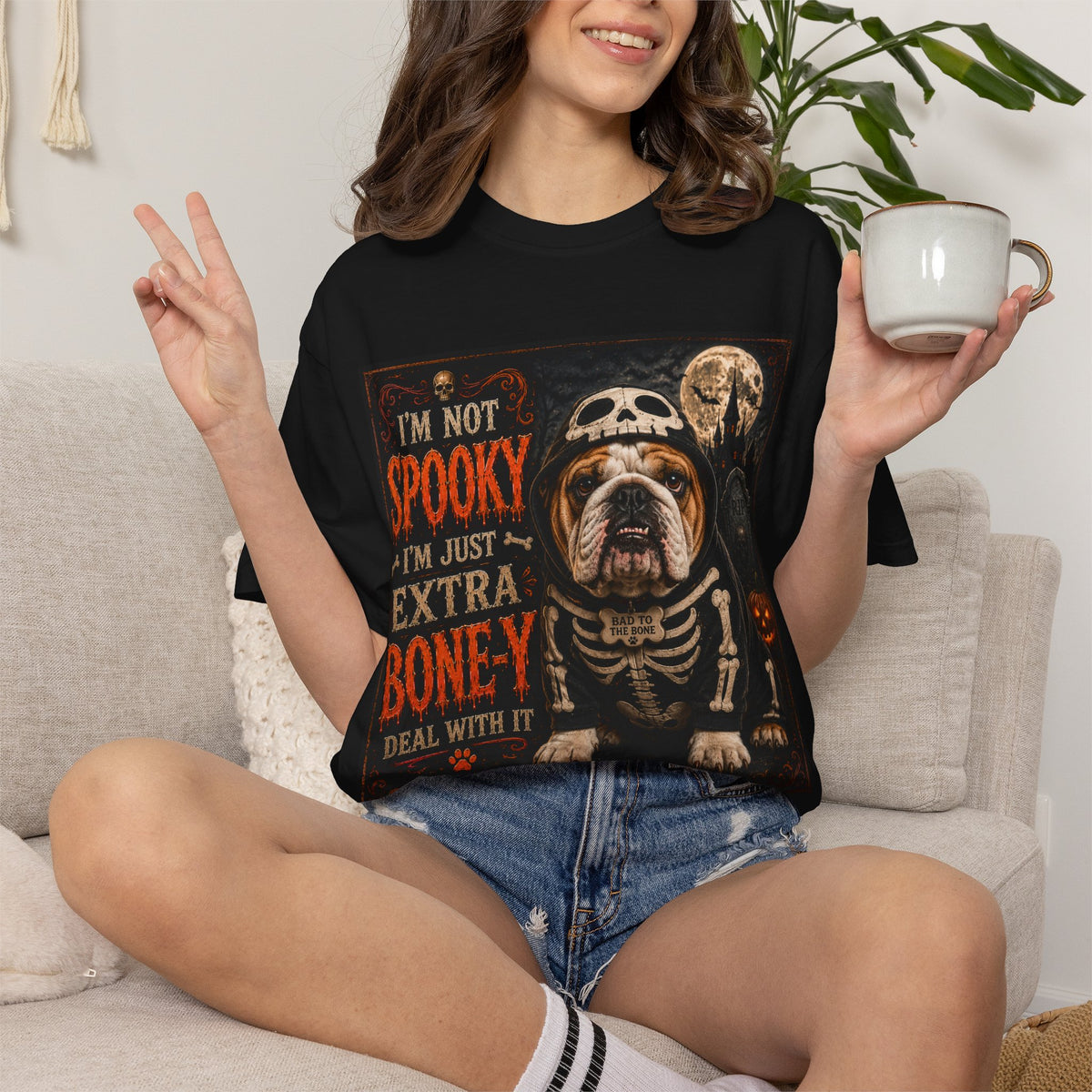 Halloween Bulldog T-Shirt – "I'm Not Spooky I'm Just Extra Boney" Skeleton Dog Tee