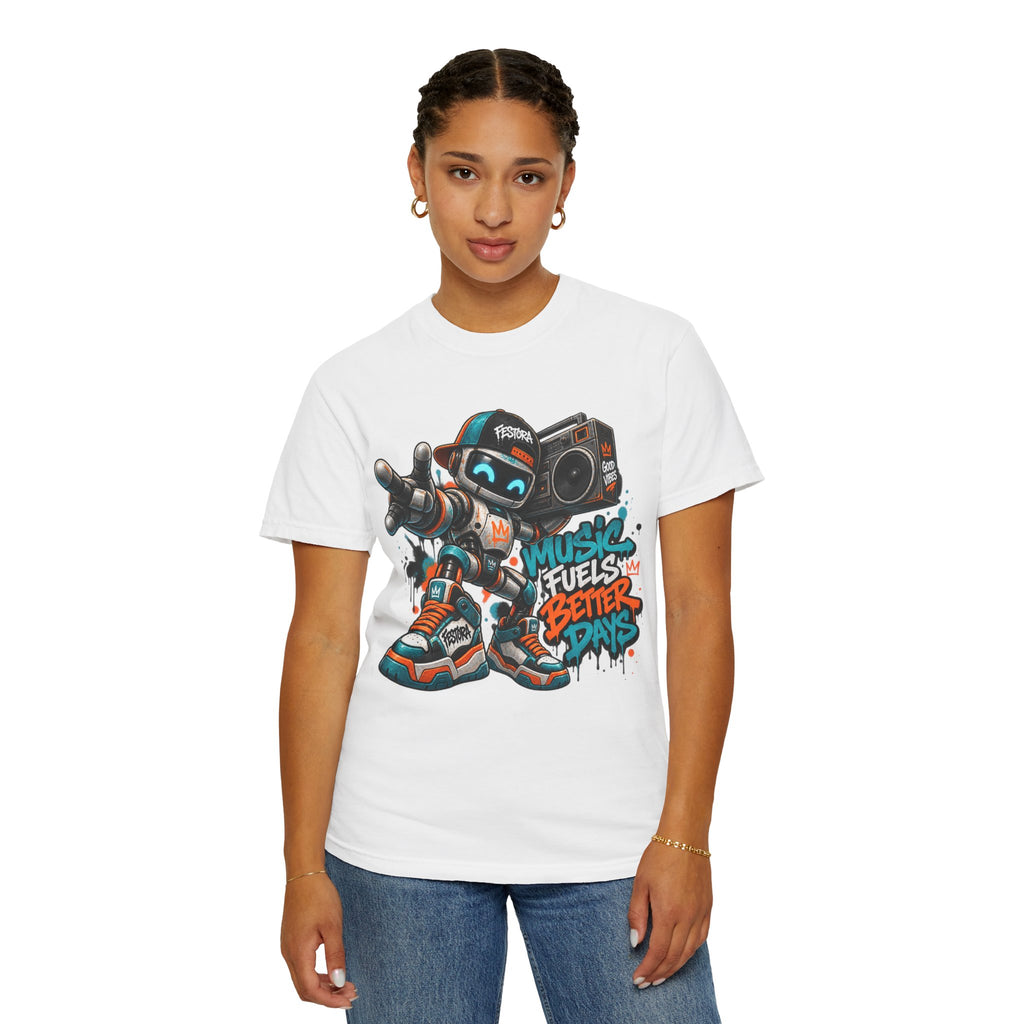 Music Fuels Better Days T-Shirt — Retro Robot Boombox Streetwear