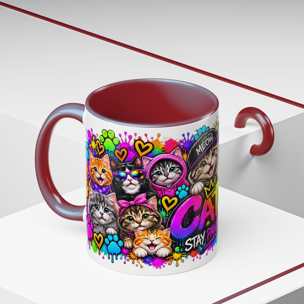 Cats Stay Pawsitive Accent Coffee Mug – Colorful Cute Cat Paw Print Design (11oz)