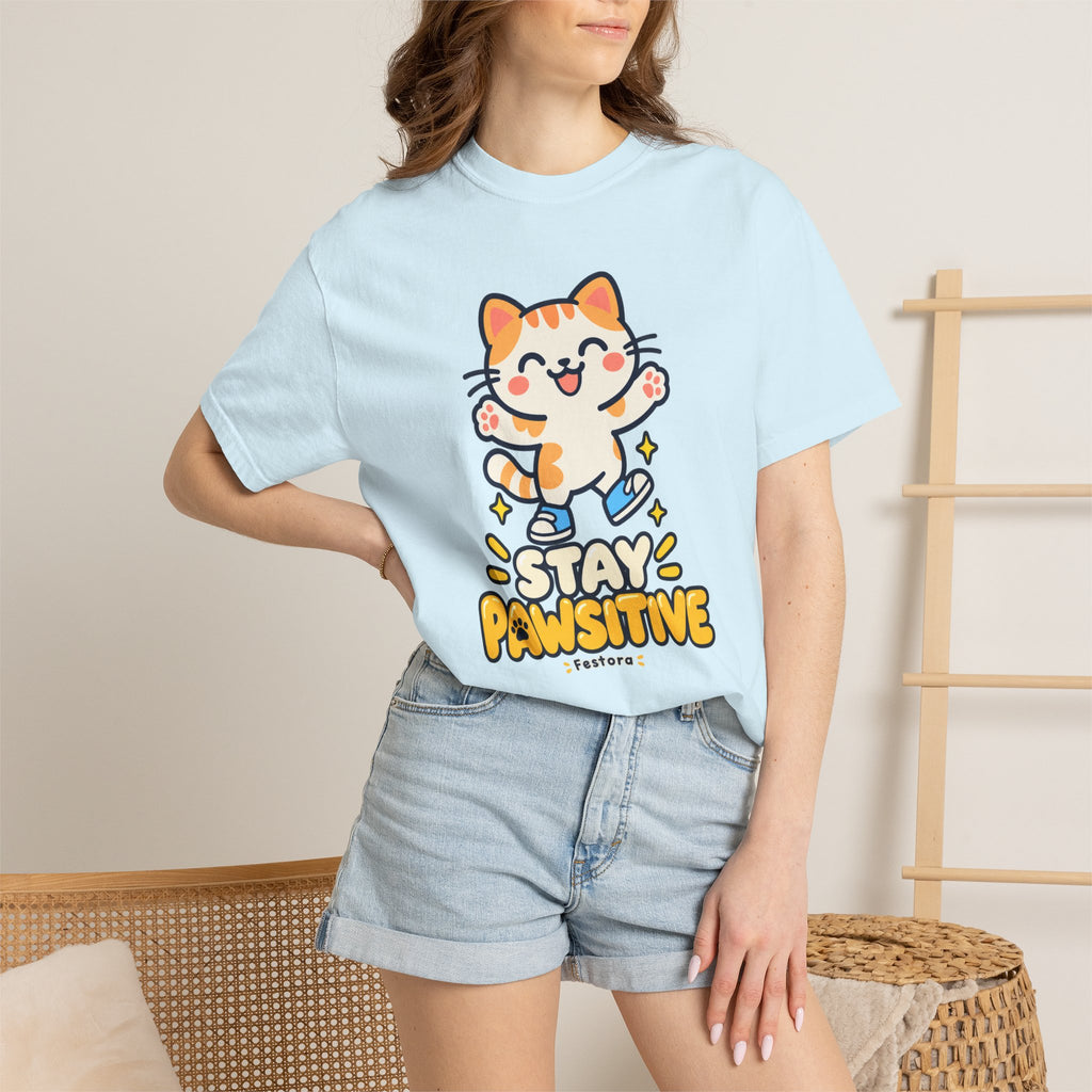 Stay Pawsitive – Cute Happy Cat Graphic T-Shirt