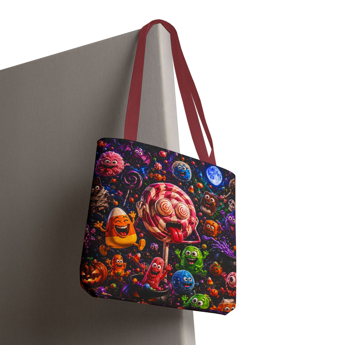 Crazy Halloween Candy Monsters Tote Bag — Colorful 3D Lolipop & Treats Design