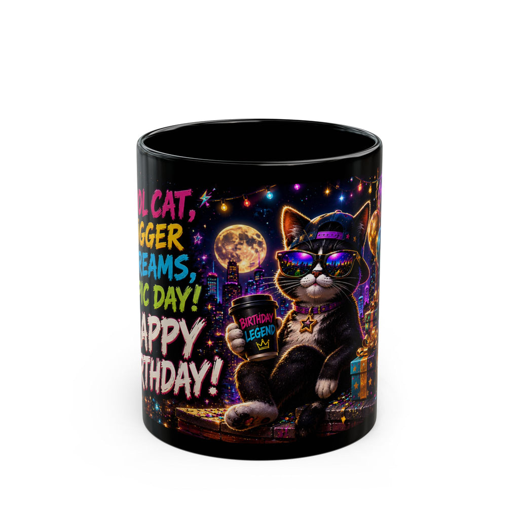 Happy Birthday Cat Mug — Colorful Neon Party Black Coffee Cup