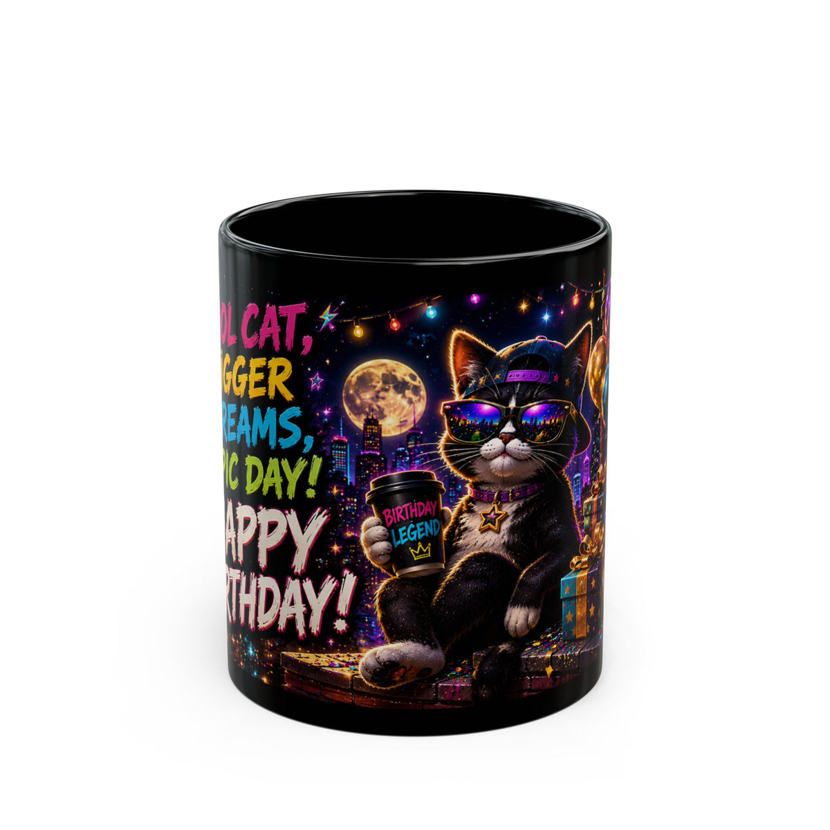 Happy Birthday Cat Mug — Colorful Neon Party Black Coffee Cup
