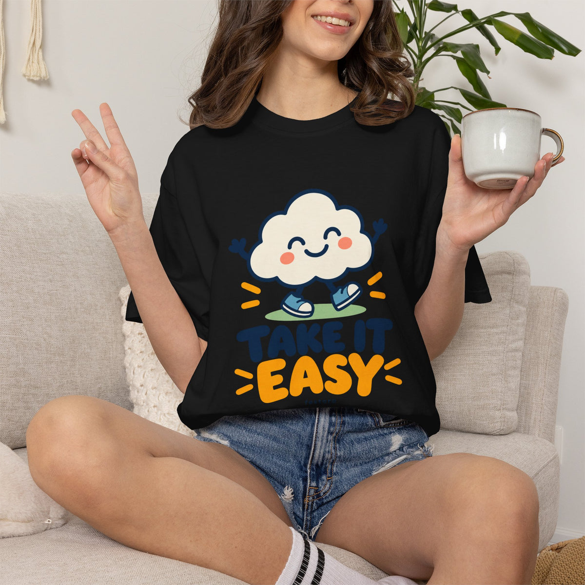 Take It Easy – Happy Cloud Graphic T-Shirt | Festora Everyday