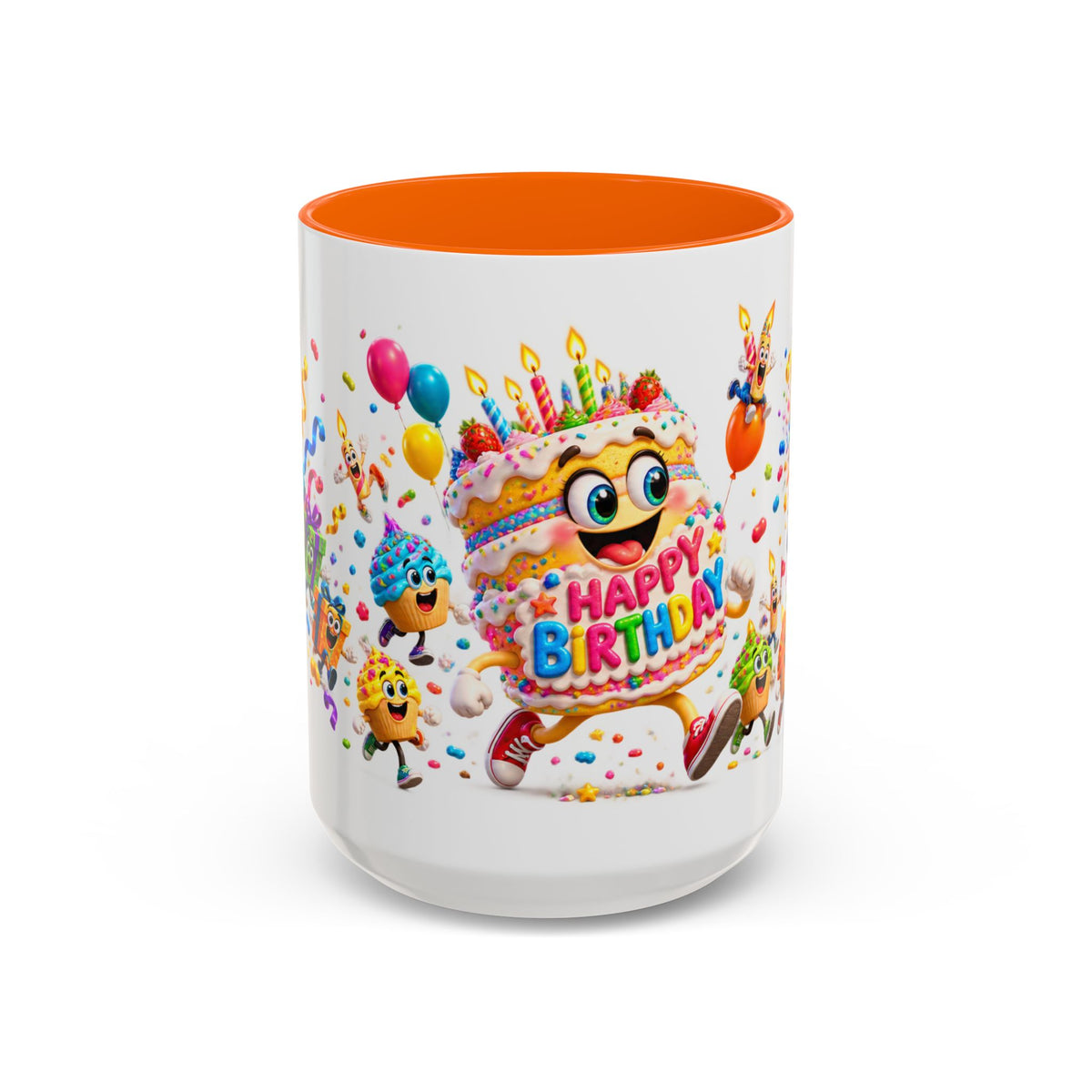 Birthday Party Coffee Mug – Colorful Happy Birthday Cake & Balloon Design (11/15oz Accent Mug)