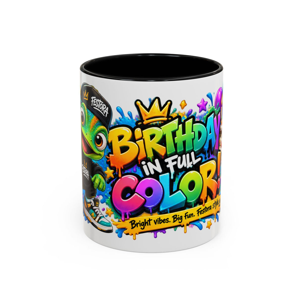 Birthday in Full Color White Ceramic Mug – Fun Colorful Birthday Coffee Cup – FestoraShop Original Design