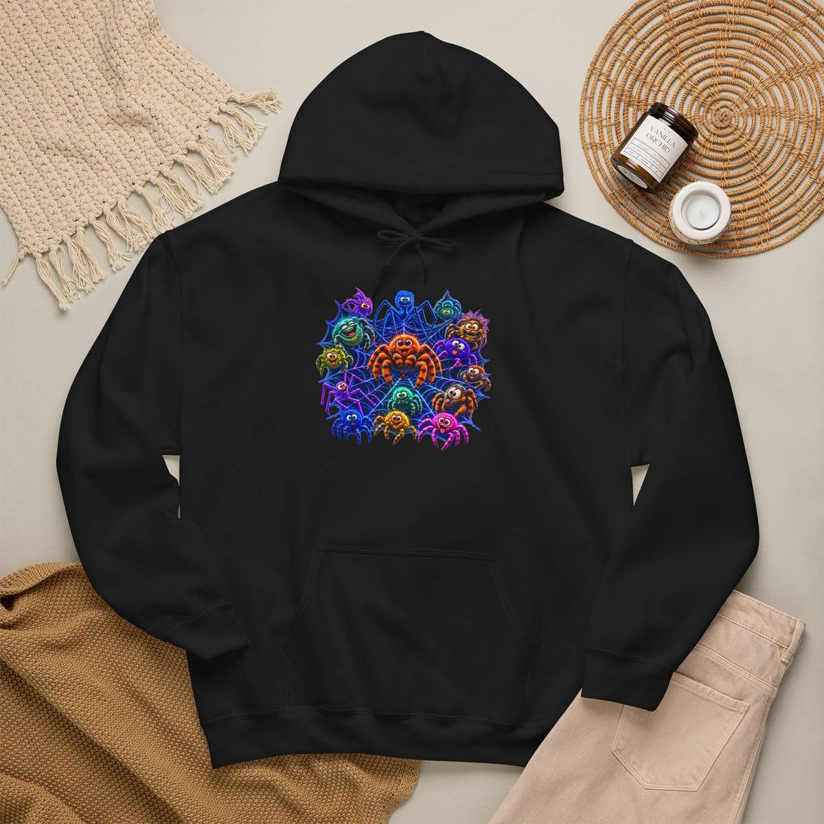 Colorful Spider Squad Black Hoodie - Funny Halloween Graphic Unisex Sweatshirt