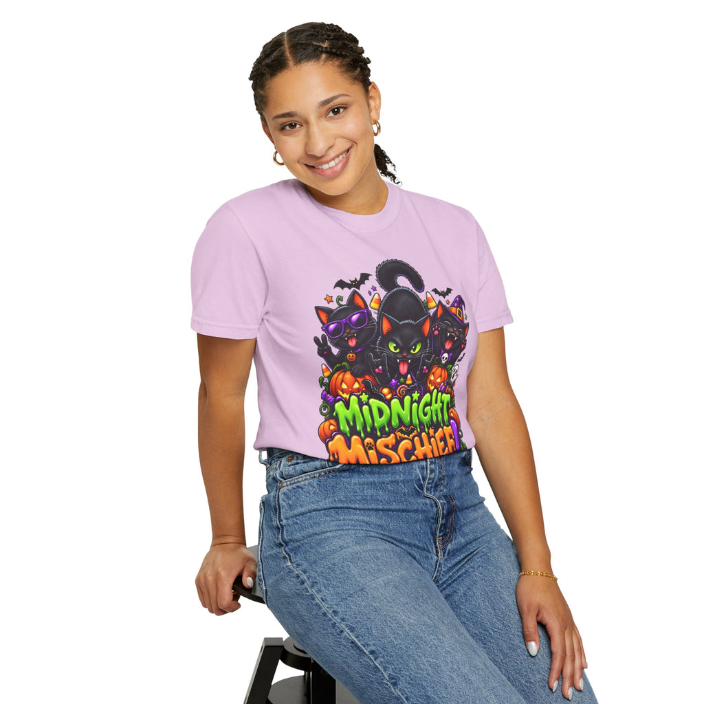 Midnight Mischief Halloween T-Shirt – Funny Black Cat Graphic Tee