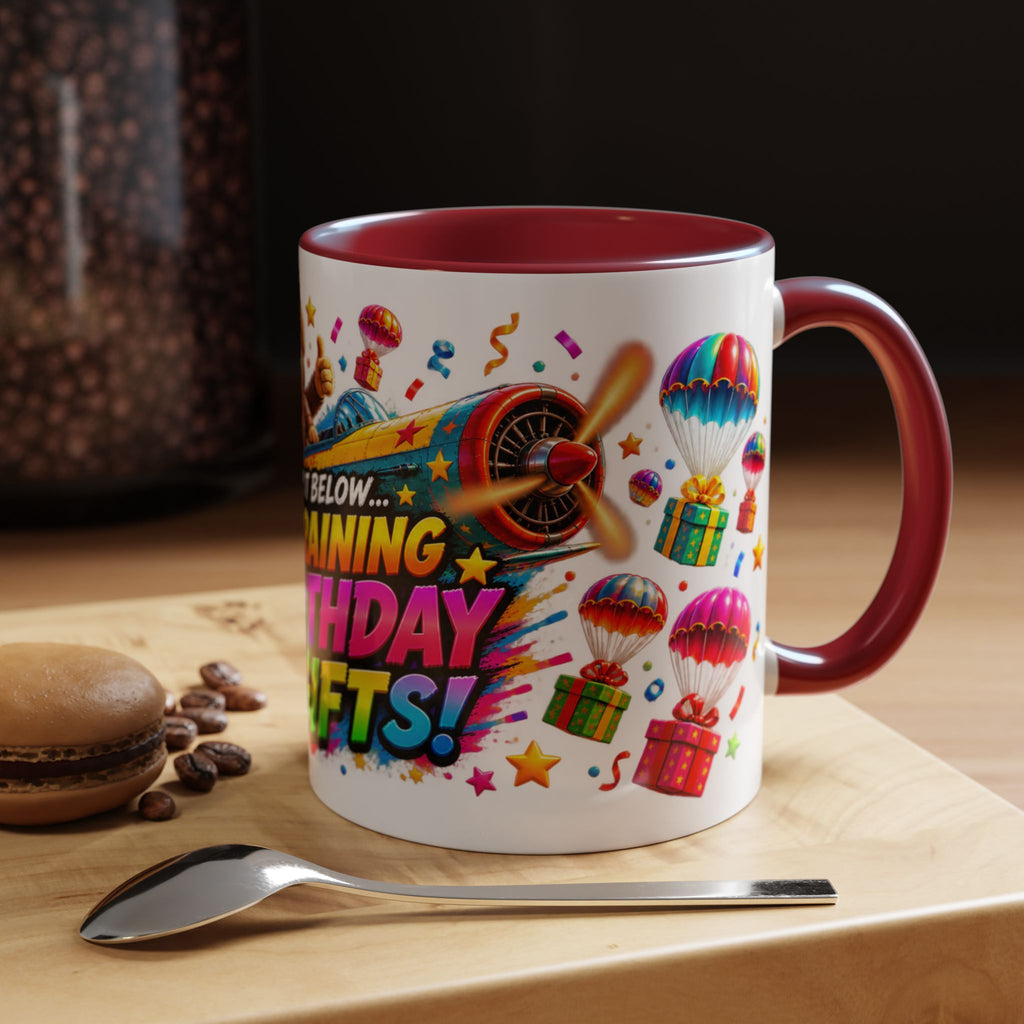 Birthday Gifts Coffee Mug — "It's Raining Birthday Gifts!" Colorful Accent Mug