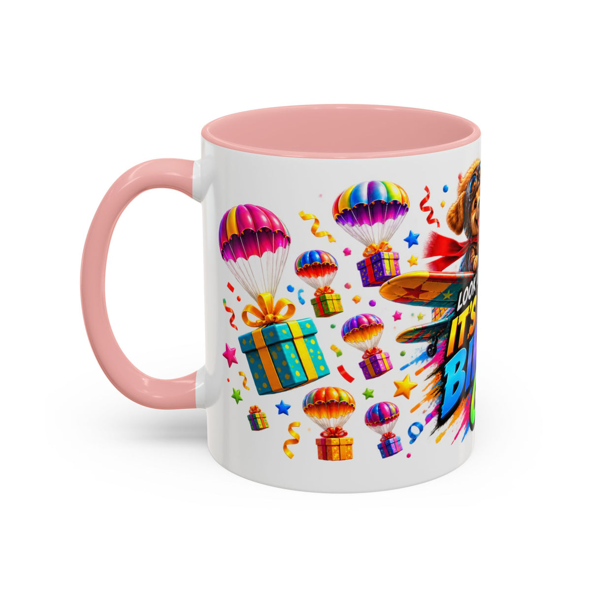 Birthday Gifts Coffee Mug — "It's Raining Birthday Gifts!" Colorful Accent Mug