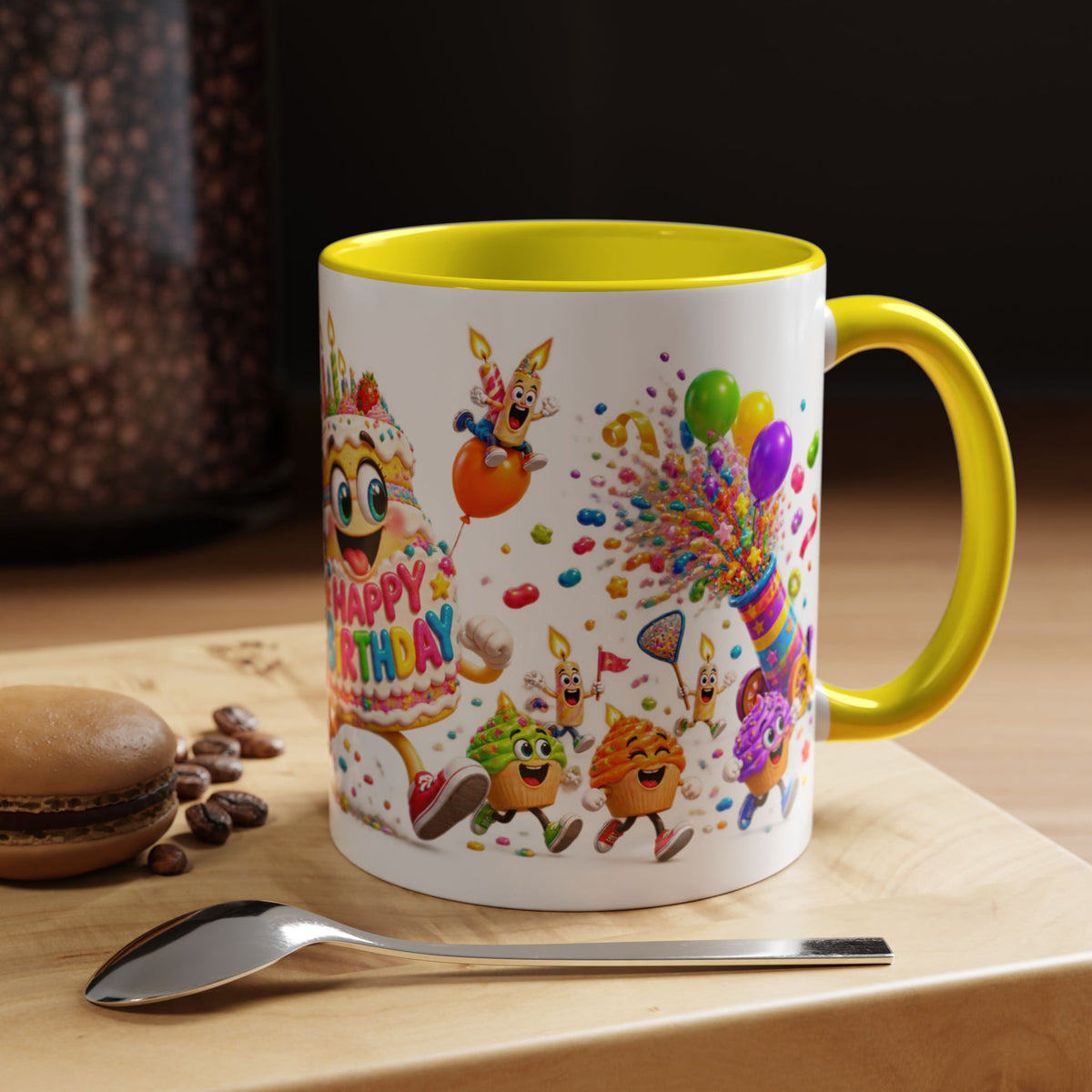 Birthday Party Coffee Mug – Colorful Happy Birthday Cake & Balloon Design (11/15oz Accent Mug)