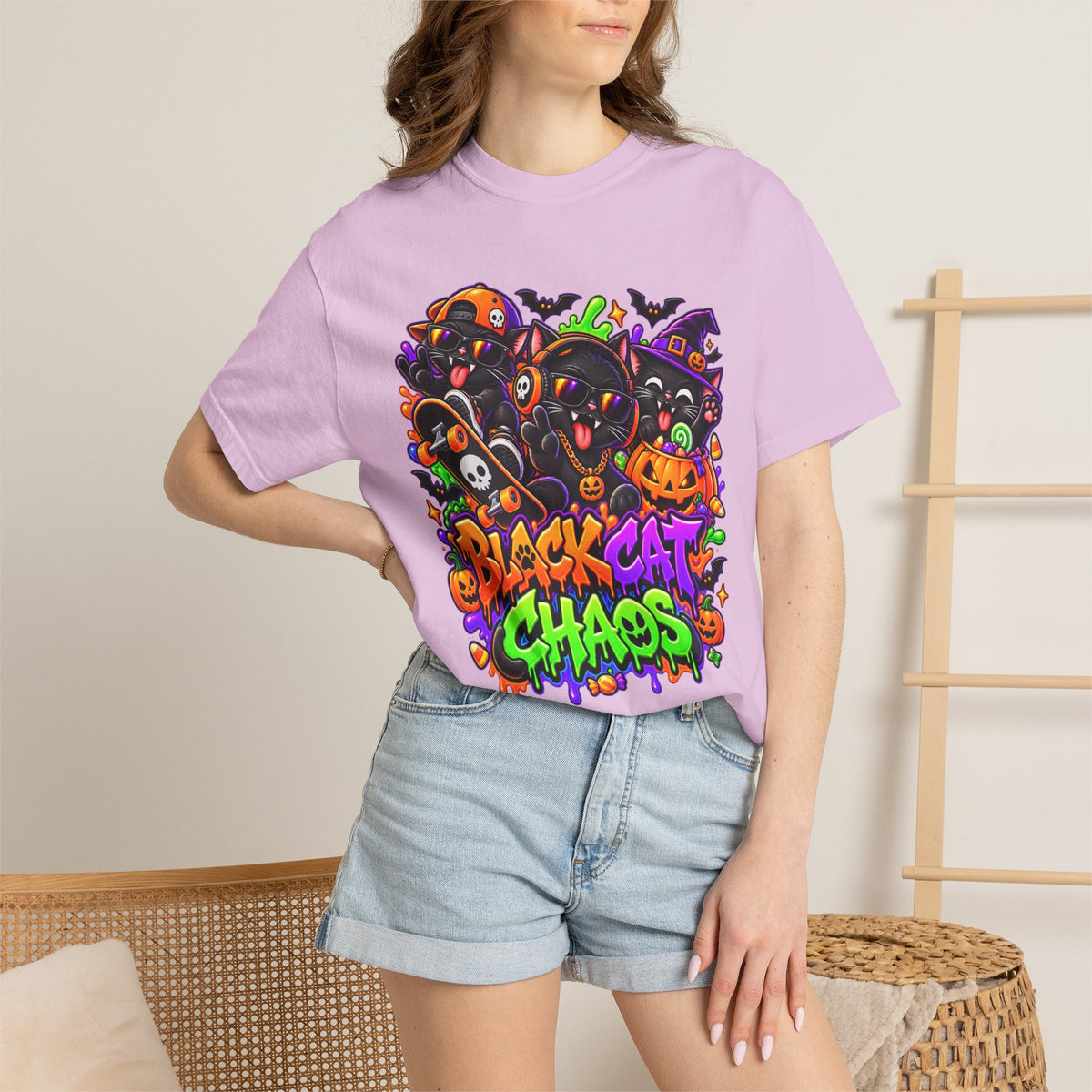Neon Black Cat Halloween Chaos T-Shirt | Cute Spooky Cat Graphic Tee