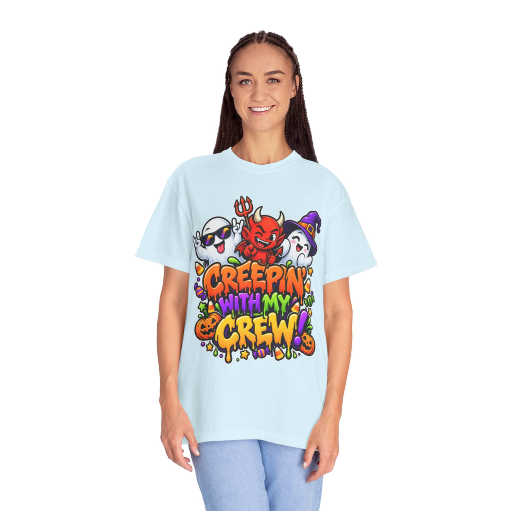 Creepin’ With My Crew Halloween T-Shirt – Colorful Funny Ghost & Devil Graphic Tee