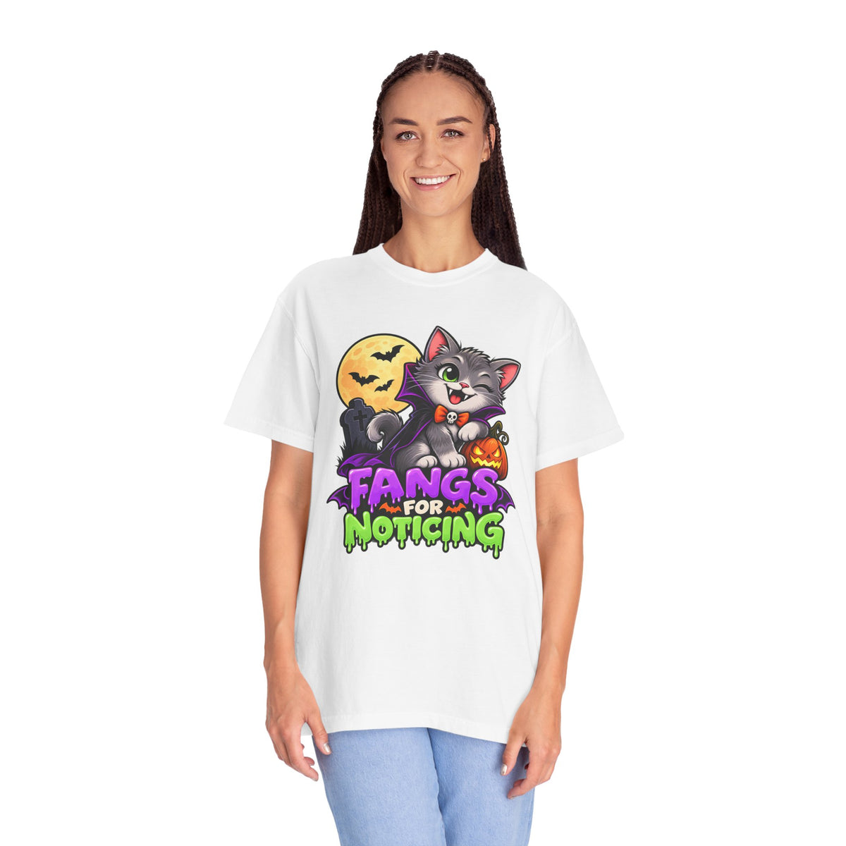 Fangs for Noticing – Cute Vampire Cat Halloween T-Shirt