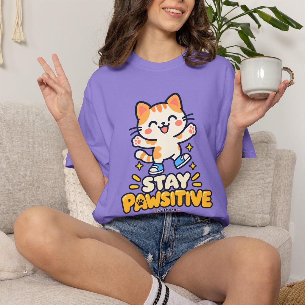 Stay Pawsitive – Cute Happy Cat Graphic T-Shirt
